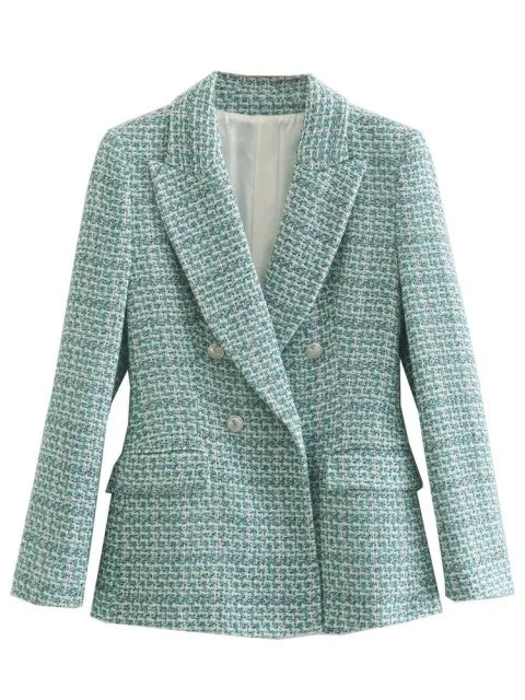 Traf Jacket Ornate Button Tweed Woolen Coats Female Casual Thick Green Blazers Blue Outerwear