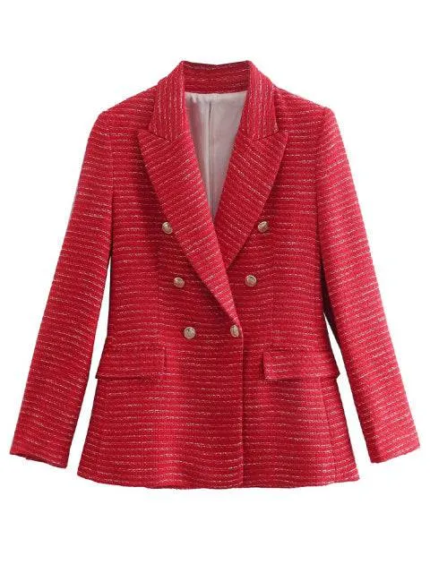 Traf Jacket Ornate Button Tweed Woolen Coats Female Casual Thick Green Blazers Blue Outerwear