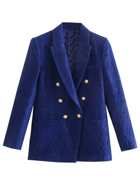Traf Jacket Ornate Button Tweed Woolen Coats Female Casual Thick Green Blazers Blue Outerwear