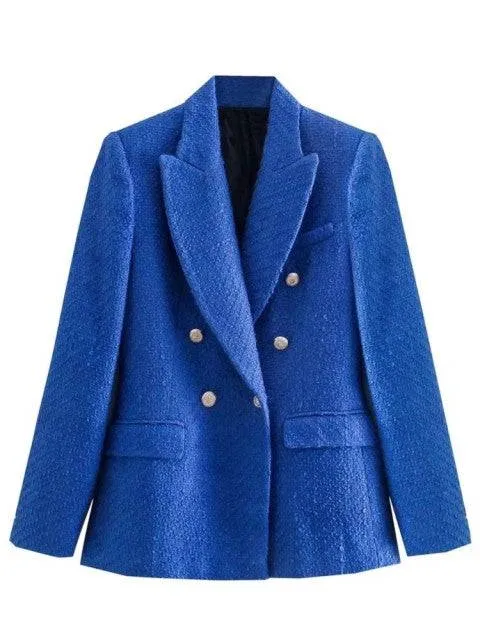 Traf Jacket Ornate Button Tweed Woolen Coats Female Casual Thick Green Blazers Blue Outerwear