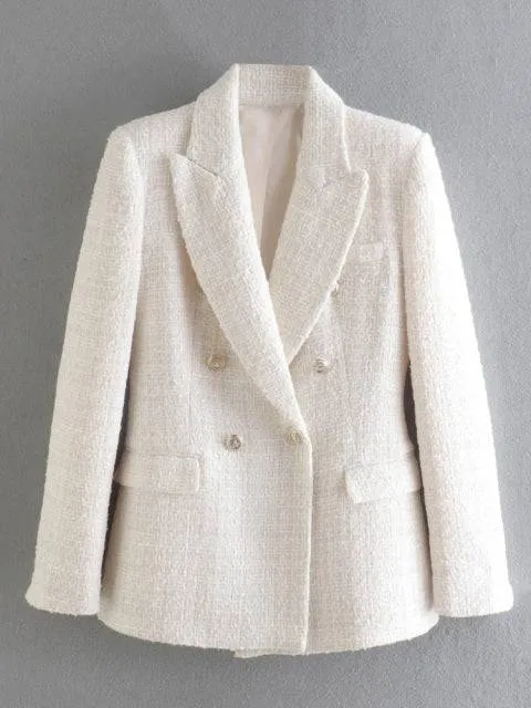 Traf Jacket Ornate Button Tweed Woolen Coats Female Casual Thick Green Blazers Blue Outerwear