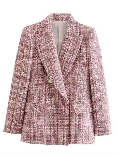 Traf Jacket Ornate Button Tweed Woolen Coats Female Casual Thick Green Blazers Blue Outerwear