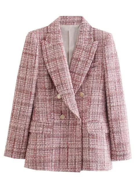 Traf Jacket Ornate Button Tweed Woolen Coats Female Casual Thick Green Blazers Blue Outerwear