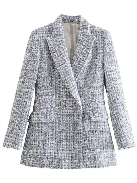 Traf Jacket Ornate Button Tweed Woolen Coats Female Casual Thick Green Blazers Blue Outerwear