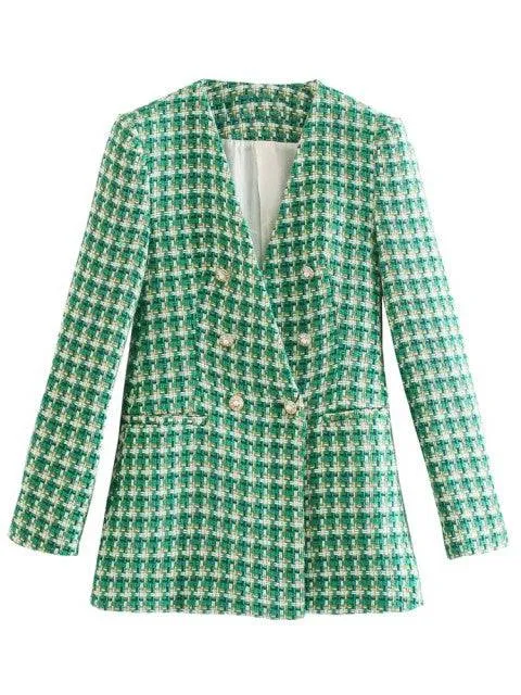 Traf Jacket Ornate Button Tweed Woolen Coats Female Casual Thick Green Blazers Blue Outerwear