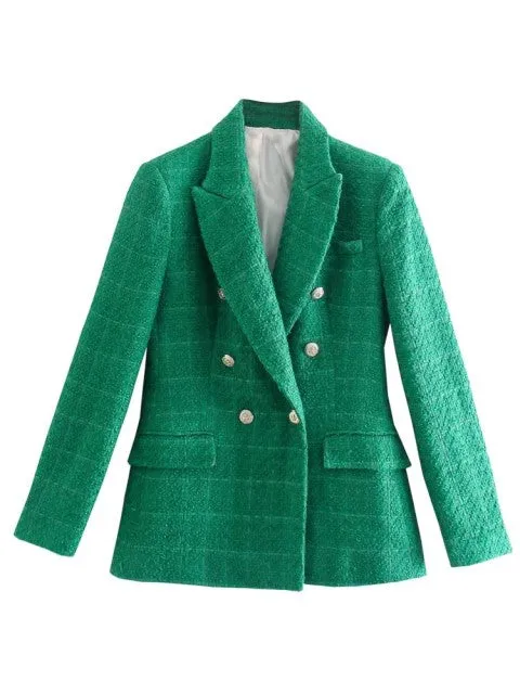 Traf Jacket Ornate Button Tweed Woolen Coats Female Casual Thick Green Blazers Blue Outerwear