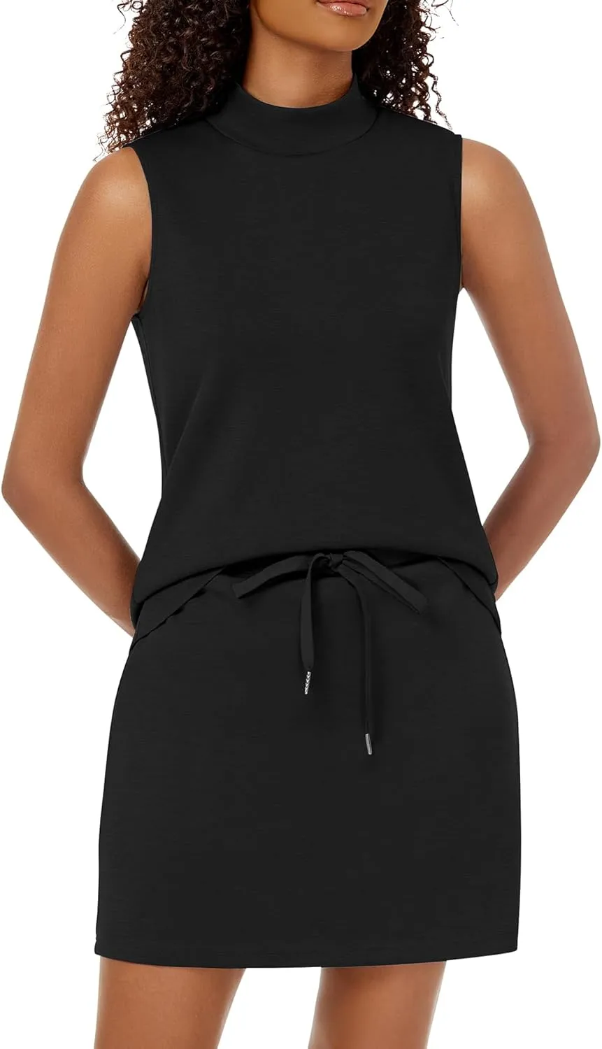 Two Piece Skirt Set for Women Sweatsuits Tennis Outfits Casual Mock Neck Sleeveless Top Elastic Short Skorts