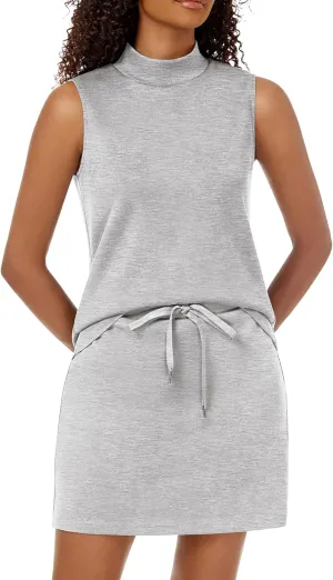 Two Piece Skirt Set for Women Sweatsuits Tennis Outfits Casual Mock Neck Sleeveless Top Elastic Short Skorts