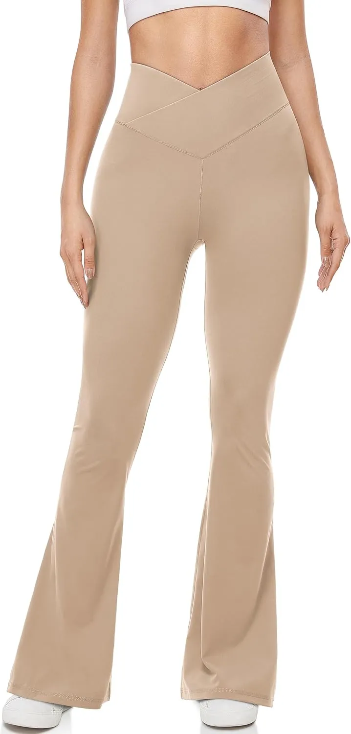 UEU Flare Leggings for Women with Tummy Control, V Crossover High Waisted Yoga Pants, Bootcut Wide Leg, 29-33" Inseam