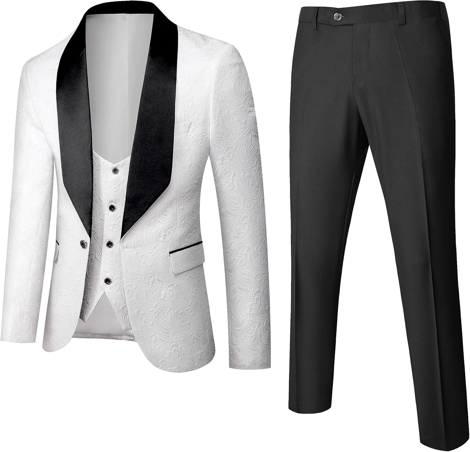 UNINUKOO Mens Floral Suits 3 Piece Tuxedo Suit Slim Fit Jacquard Tux Suit Set Shawl Lapel for Wedding Prom Suit