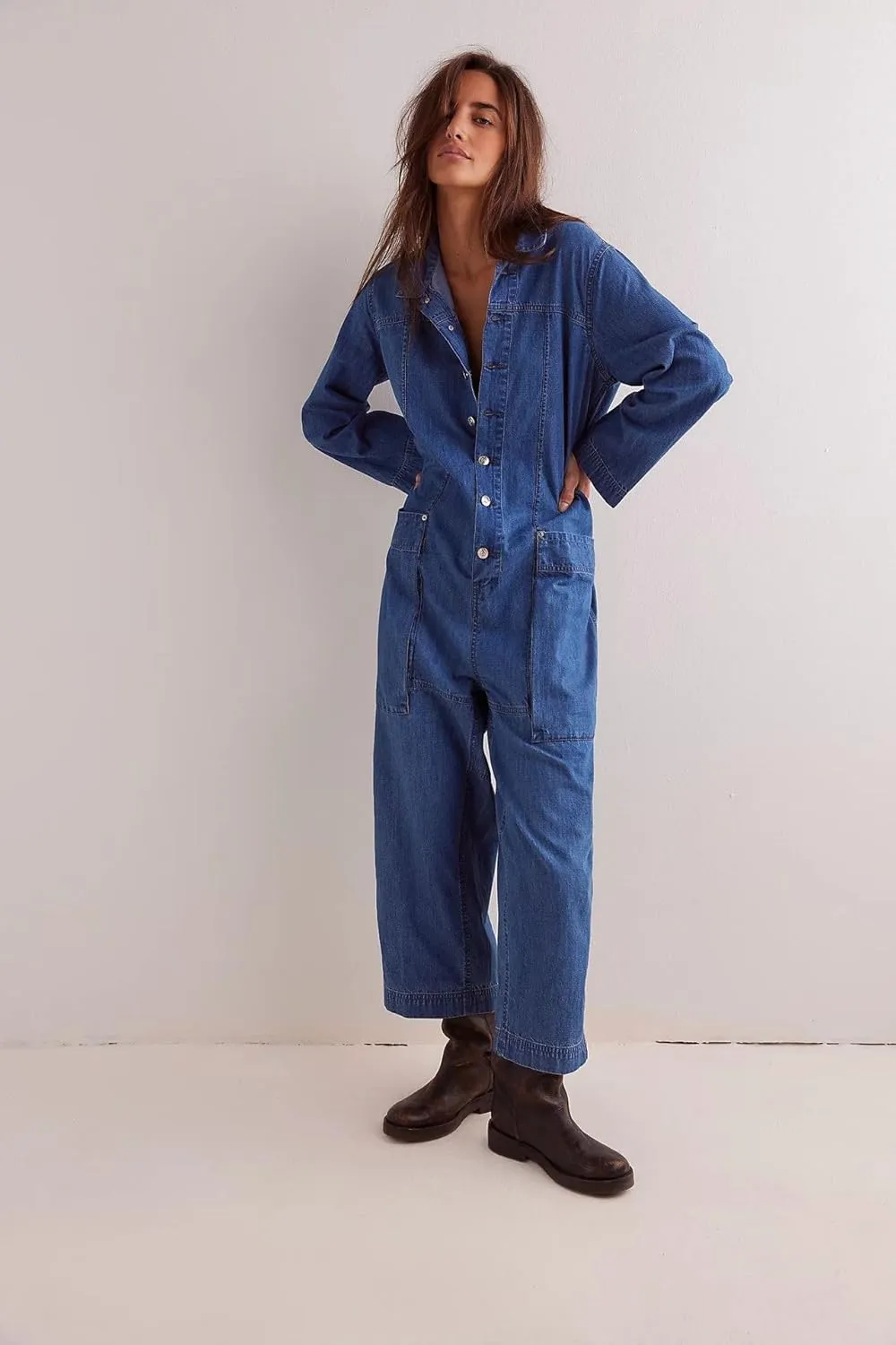 utcoco Womens 2025 Fall Long Sleeve Denim Jumpsuit Button Up One Piece Outfits Long Pants Romper Jeans Jumpsuits
