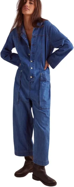 utcoco Womens 2025 Fall Long Sleeve Denim Jumpsuit Button Up One Piece Outfits Long Pants Romper Jeans Jumpsuits