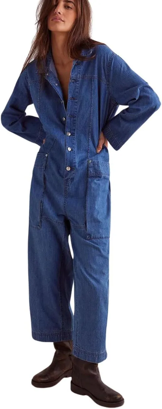 utcoco Womens 2025 Fall Long Sleeve Denim Jumpsuit Button Up One Piece Outfits Long Pants Romper Jeans Jumpsuits