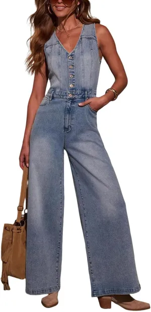 utcoco Womens Half Button Denim Jumpsuit Sleeveless V Neck Wide Leg Jeans Overall One Piece Outfits