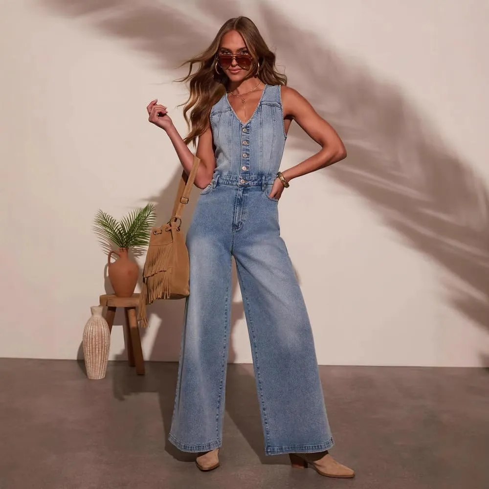 utcoco Womens Half Button Denim Jumpsuit Sleeveless V Neck Wide Leg Jeans Overall One Piece Outfits