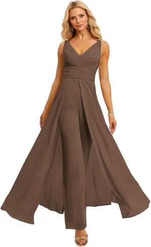 V Neck Chiffon Bridesmaid Jumpsuits with Slit Ruched Wedding Guest Pantsuits