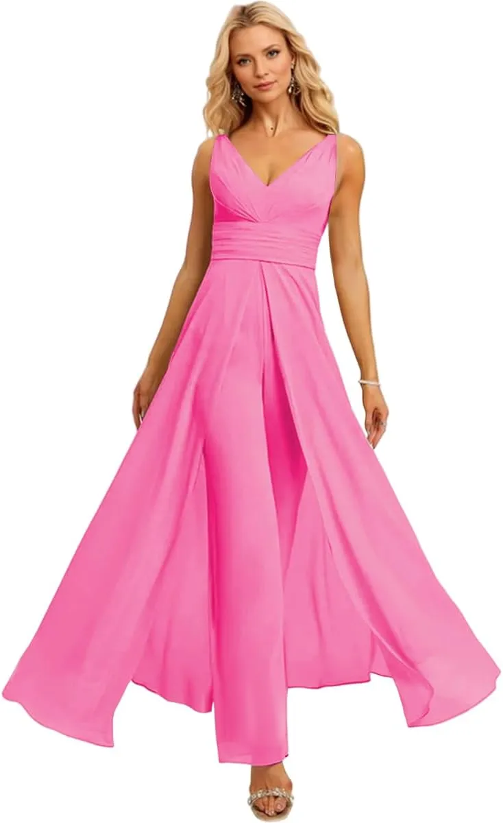 V Neck Chiffon Bridesmaid Jumpsuits with Slit Ruched Wedding Guest Pantsuits
