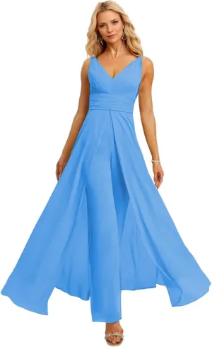 V Neck Chiffon Bridesmaid Jumpsuits with Slit Ruched Wedding Guest Pantsuits