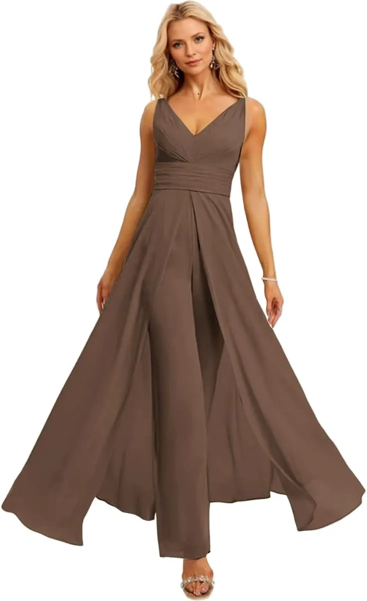 V Neck Chiffon Bridesmaid Jumpsuits with Slit Ruched Wedding Guest Pantsuits