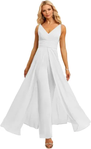 V Neck Chiffon Bridesmaid Jumpsuits with Slit Ruched Wedding Guest Pantsuits