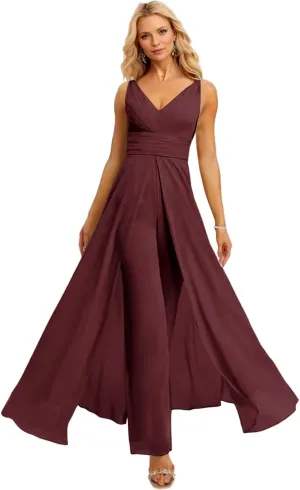 V Neck Chiffon Bridesmaid Pantsuits 2025 High Waisted Split Pleated Wedding Guest Dresses
