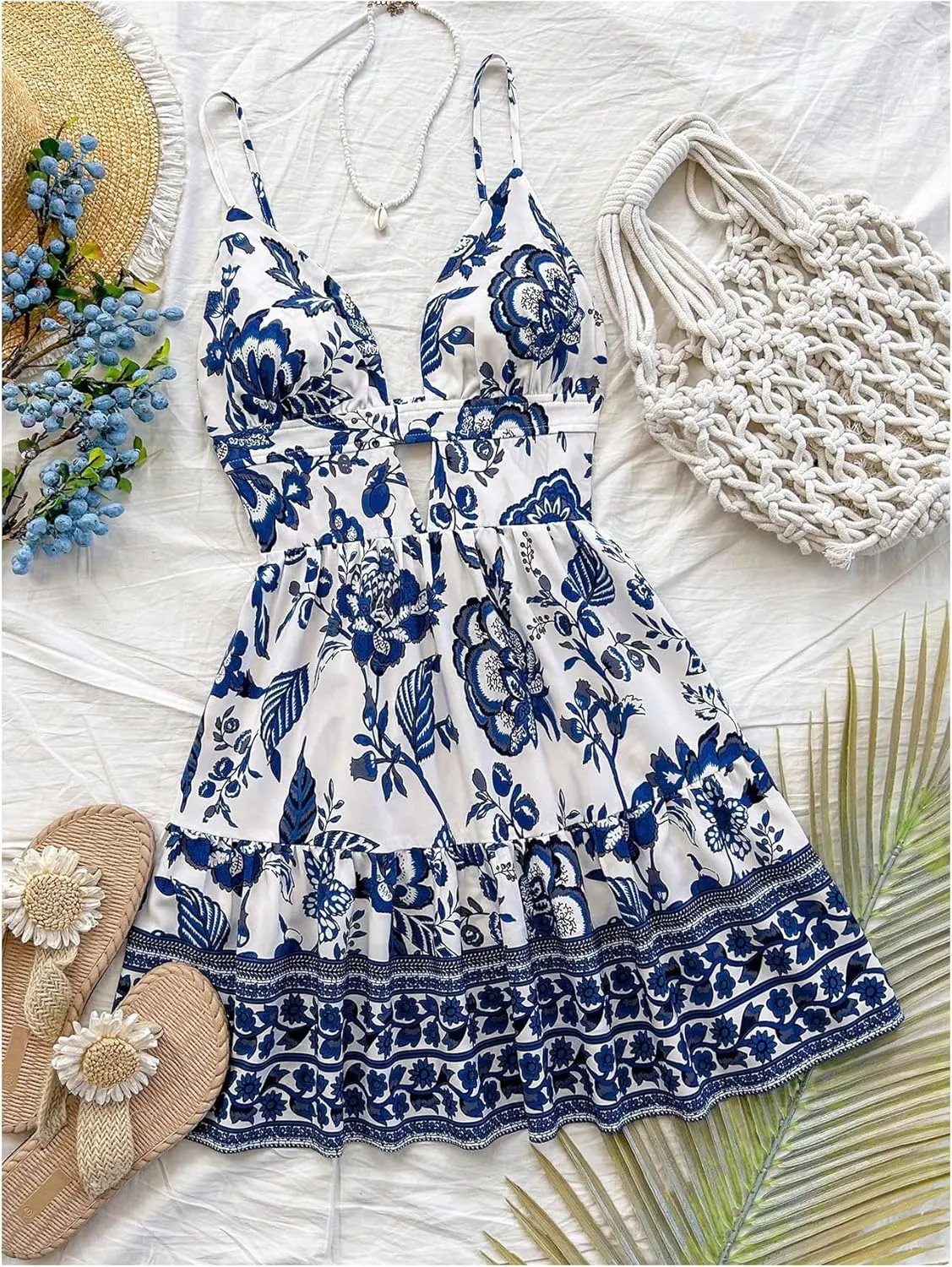 Verdusa Women's Floral Backless Ruffle Mini Dress Cut Out Spaghetti Strap Dresses