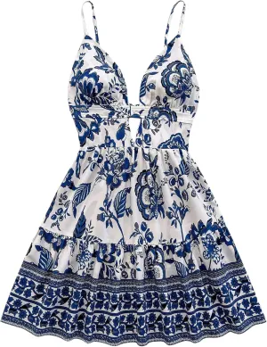 Verdusa Women's Floral Backless Ruffle Mini Dress Cut Out Spaghetti Strap Dresses
