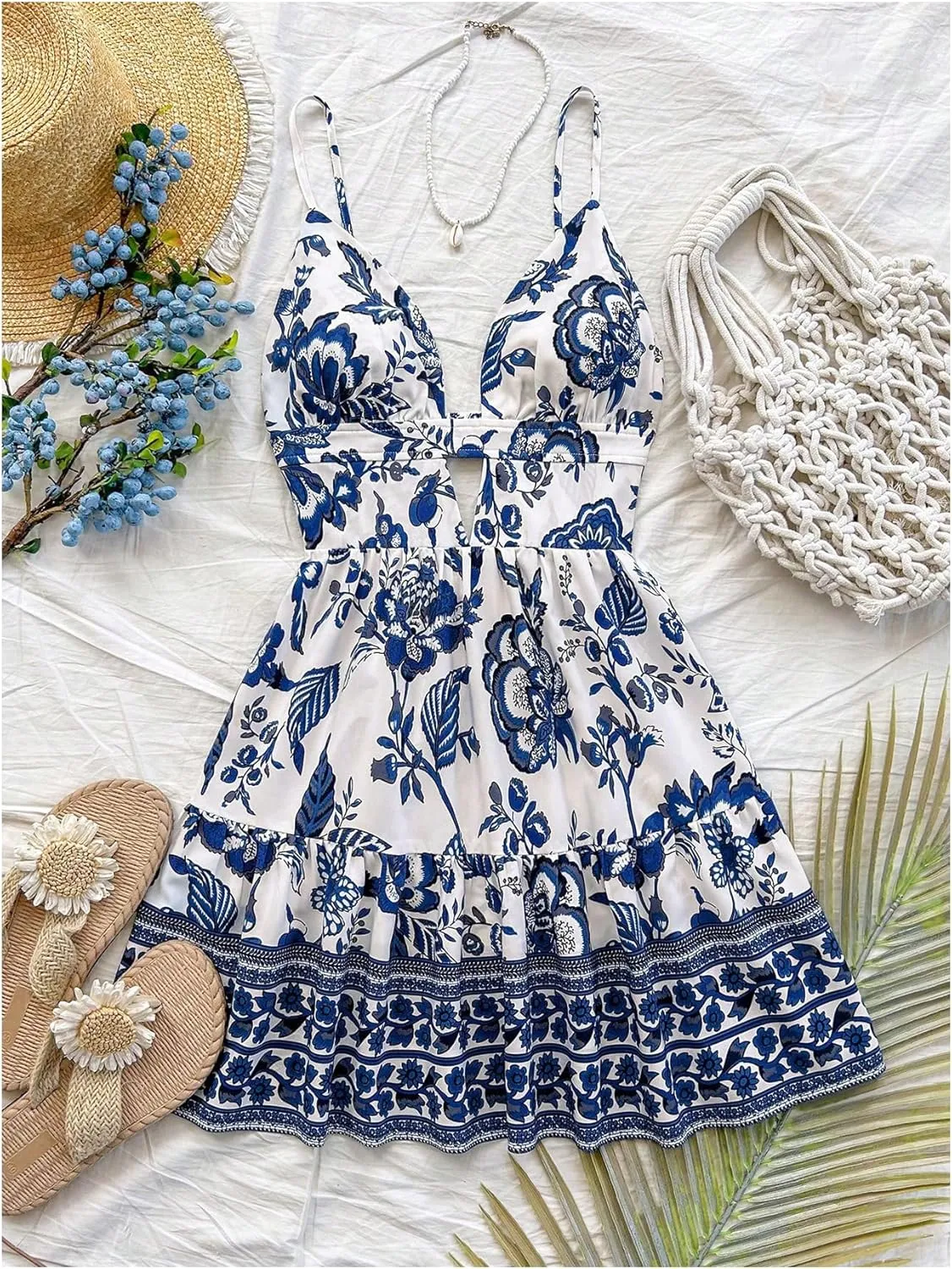 Verdusa Women's Floral Backless Ruffle Mini Dress Cut Out Spaghetti Strap Dresses