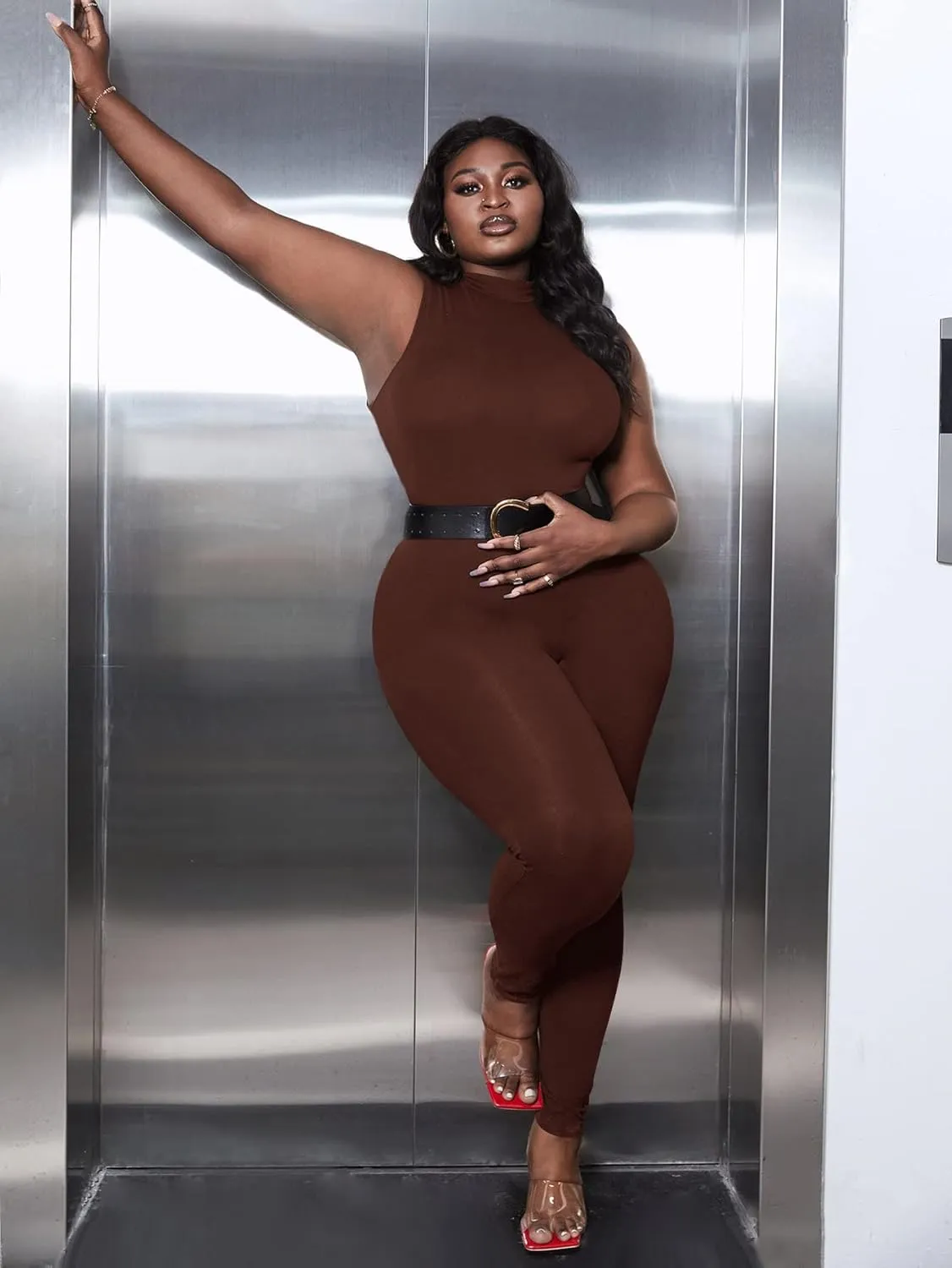 WDIRARA Women's Plus Size Mock Neck Sleeveless Club Skinny Jumpsuit Unitard Pants
