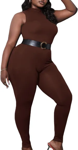 WDIRARA Women's Plus Size Mock Neck Sleeveless Club Skinny Jumpsuit Unitard Pants