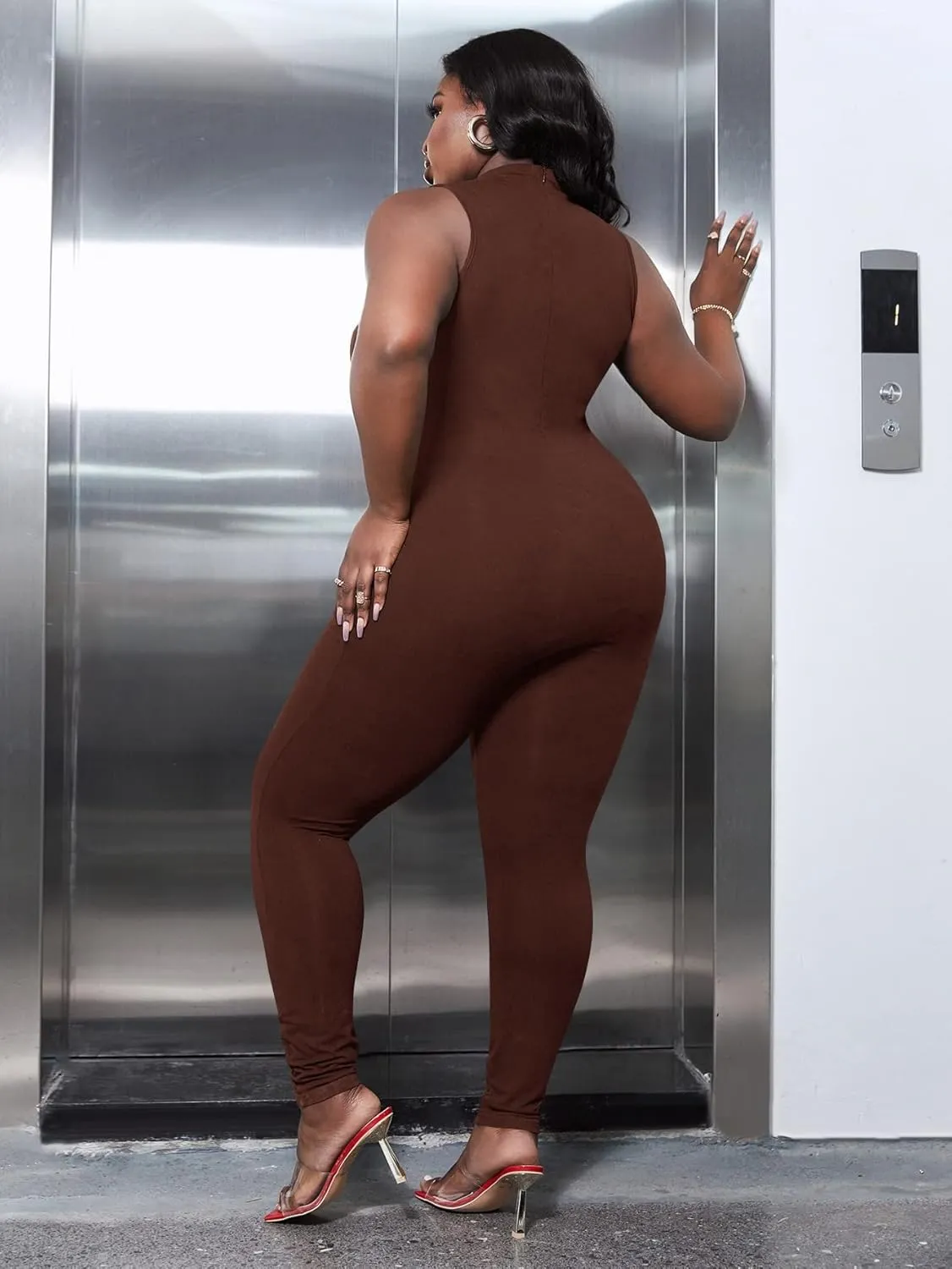 WDIRARA Women's Plus Size Mock Neck Sleeveless Club Skinny Jumpsuit Unitard Pants