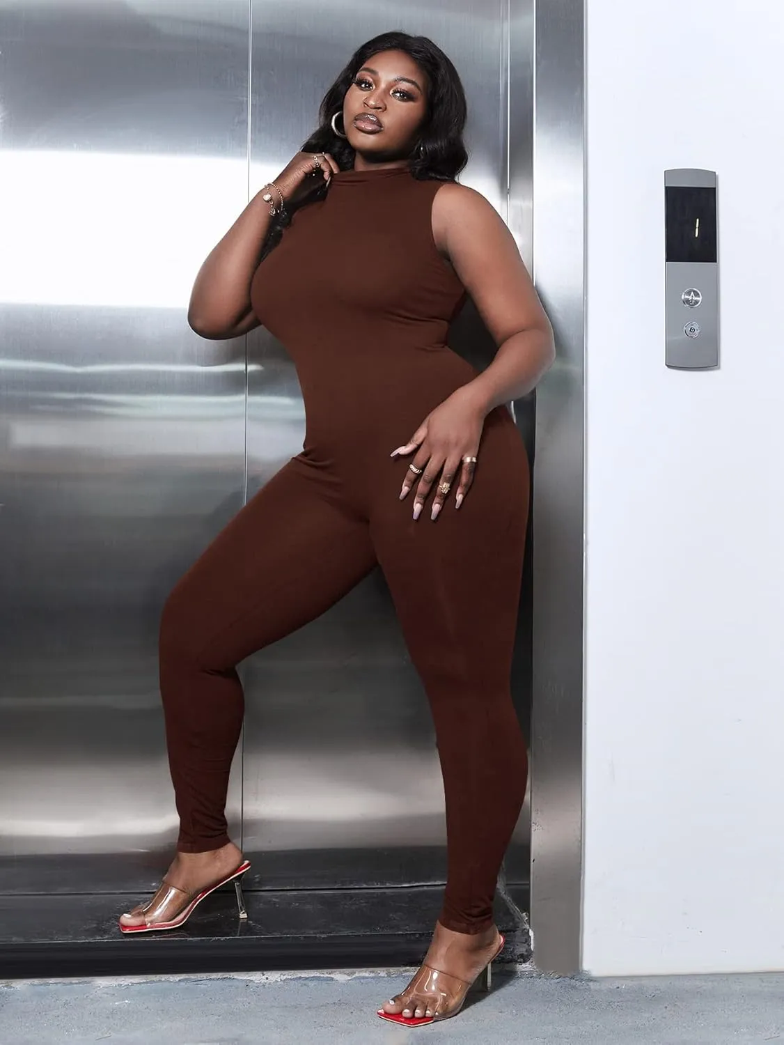 WDIRARA Women's Plus Size Mock Neck Sleeveless Club Skinny Jumpsuit Unitard Pants
