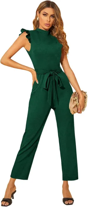 WDIRARA Women's Tall Sleeveless Stand Mock Neck Ruffle Trim Belted Cropped Jumpsuit
