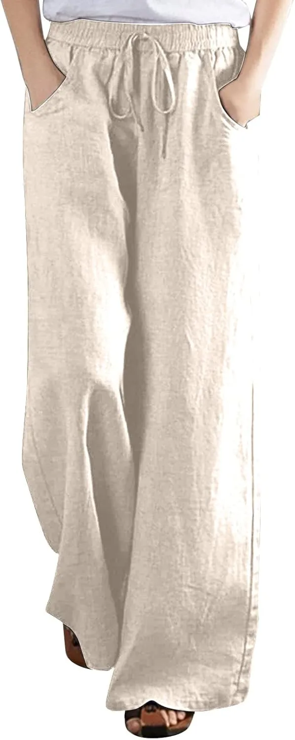 Wide Leg Pants for Women High Waist Elastic Drawstring Belt Pockets Straight Leg Trousers Solid Cotton Linen Pants