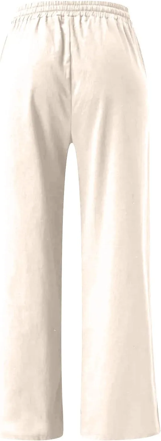 Wide Leg Pants for Women High Waist Elastic Drawstring Belt Pockets Straight Leg Trousers Solid Cotton Linen Pants