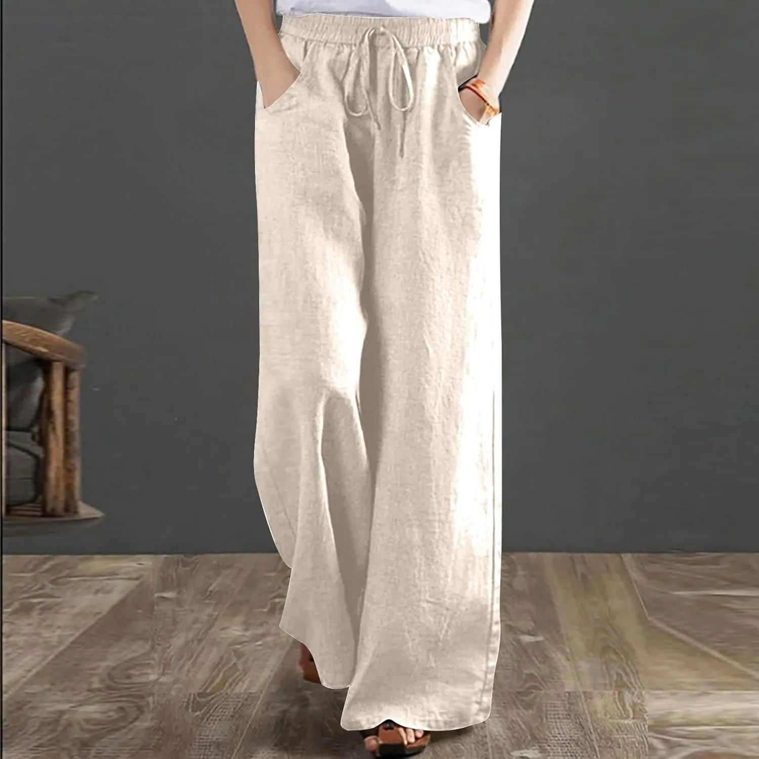 Wide Leg Pants for Women High Waist Elastic Drawstring Belt Pockets Straight Leg Trousers Solid Cotton Linen Pants