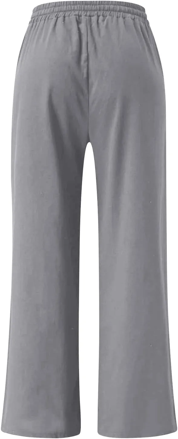 Wide Leg Pants for Women High Waist Elastic Drawstring Belt Pockets Straight Leg Trousers Solid Cotton Linen Pants