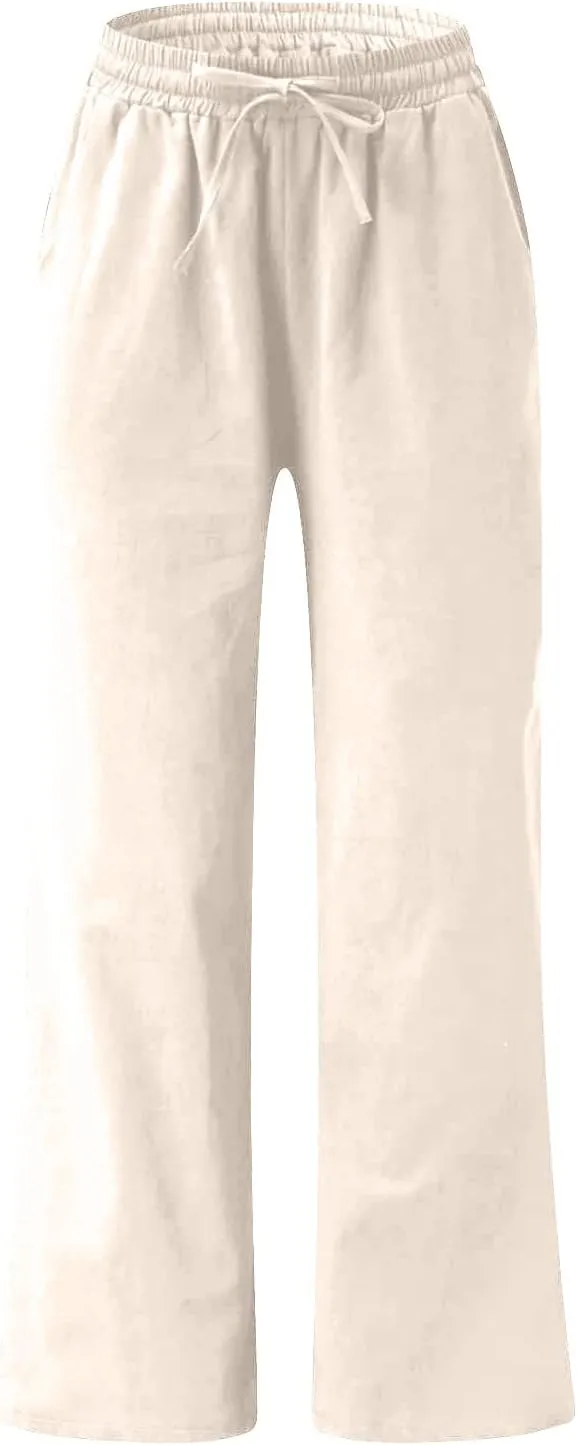 Wide Leg Pants for Women High Waist Elastic Drawstring Belt Pockets Straight Leg Trousers Solid Cotton Linen Pants