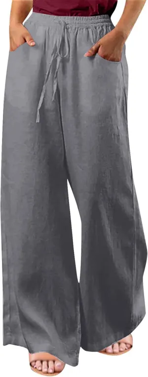 Wide Leg Pants for Women High Waist Elastic Drawstring Belt Pockets Straight Leg Trousers Solid Cotton Linen Pants