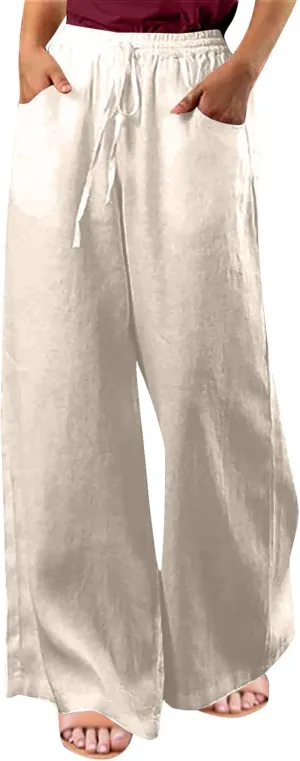Wide Leg Pants for Women High Waist Elastic Drawstring Belt Pockets Straight Leg Trousers Solid Cotton Linen Pants