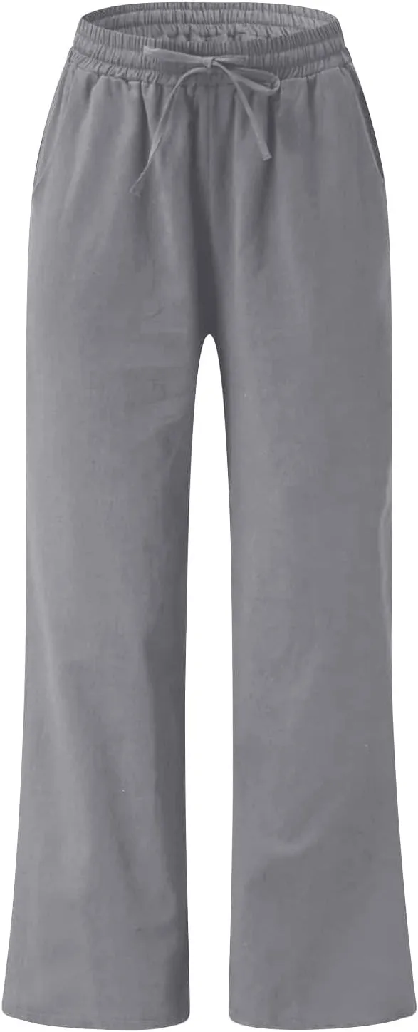 Wide Leg Pants for Women High Waist Elastic Drawstring Belt Pockets Straight Leg Trousers Solid Cotton Linen Pants