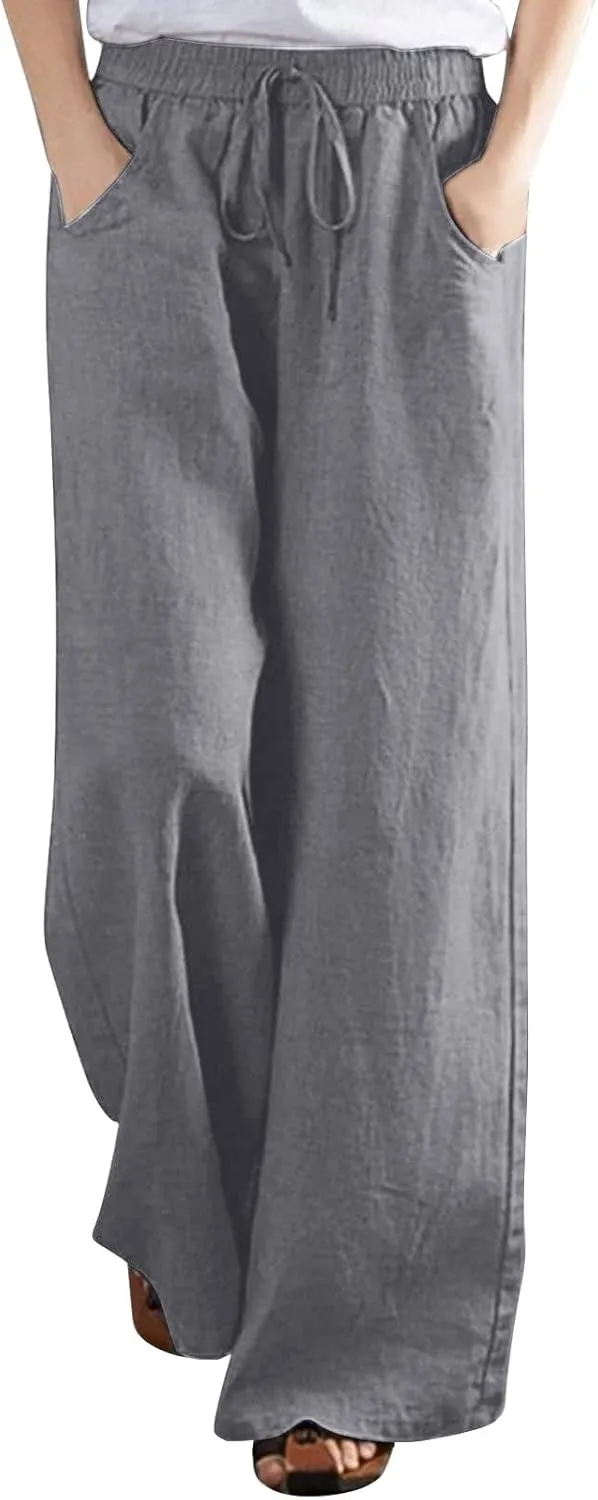 Wide Leg Pants for Women High Waist Elastic Drawstring Belt Pockets Straight Leg Trousers Solid Cotton Linen Pants
