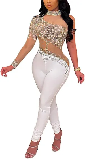 WOKANSE Women One Piece Outfits Sexy Mesh See Through Rhinestone One Shoulder Bodycon Trousers Romper Back Zip Jumpsuit