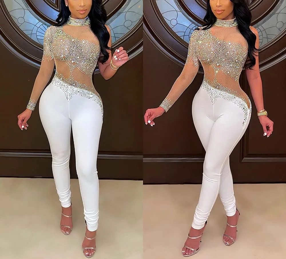 WOKANSE Women One Piece Outfits Sexy Mesh See Through Rhinestone One Shoulder Bodycon Trousers Romper Back Zip Jumpsuit