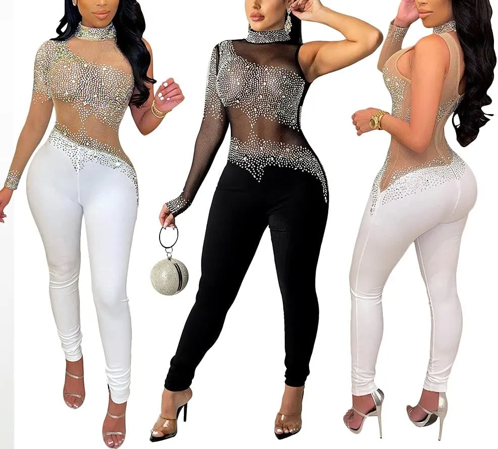WOKANSE Women One Piece Outfits Sexy Mesh See Through Rhinestone One Shoulder Bodycon Trousers Romper Back Zip Jumpsuit