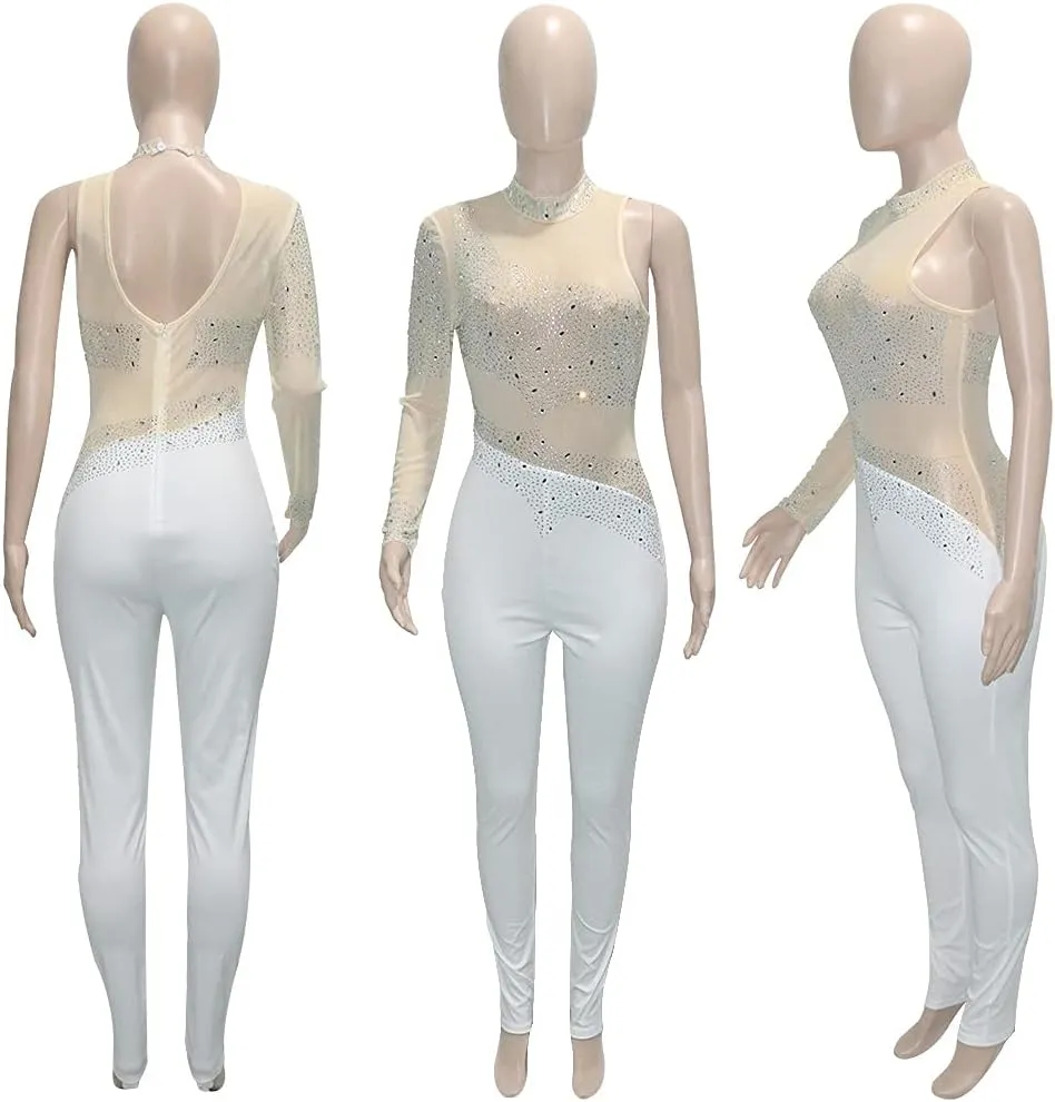 WOKANSE Women One Piece Outfits Sexy Mesh See Through Rhinestone One Shoulder Bodycon Trousers Romper Back Zip Jumpsuit