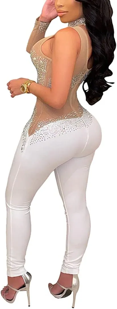 WOKANSE Women One Piece Outfits Sexy Mesh See Through Rhinestone One Shoulder Bodycon Trousers Romper Back Zip Jumpsuit