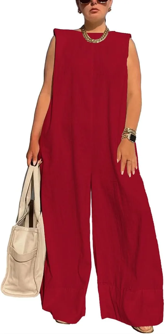 WOKANSE Women's Loose Fit Sleeveless Casual Solid Wide Leg Jumpsuit Long Pants Romper Plus Size
