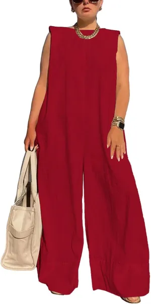 WOKANSE Women's Loose Fit Sleeveless Casual Solid Wide Leg Jumpsuit Long Pants Romper Plus Size