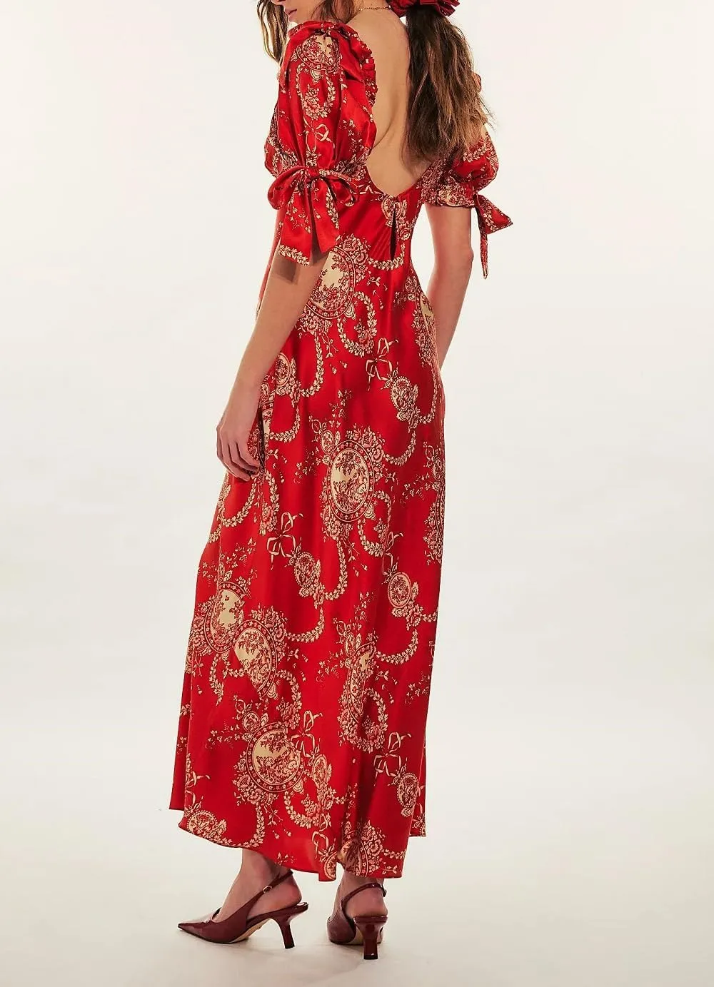 Woman Floral Puff Sleeve Maxi Dress Square Neck Ruffle Flowy Long Dresses Bohemian Tiered Summer Sundress